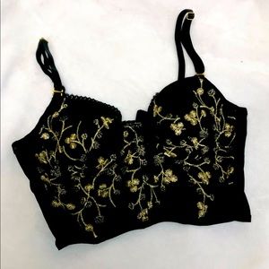 NWOT Gold flower embroidered mesh panel lace trimmed black bustier